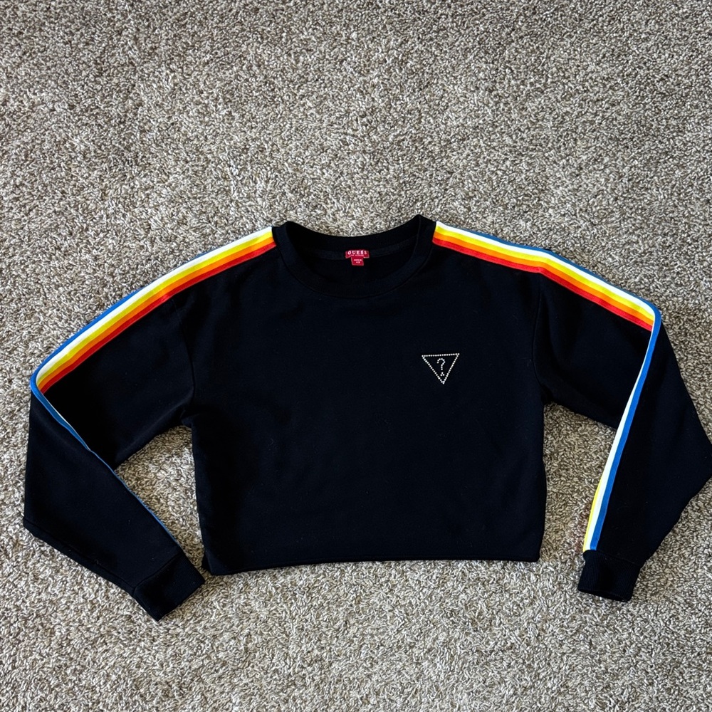 Y2k Guess Black Cropped Sweatshirt with Rainbow Stripe Sleeves Size XS